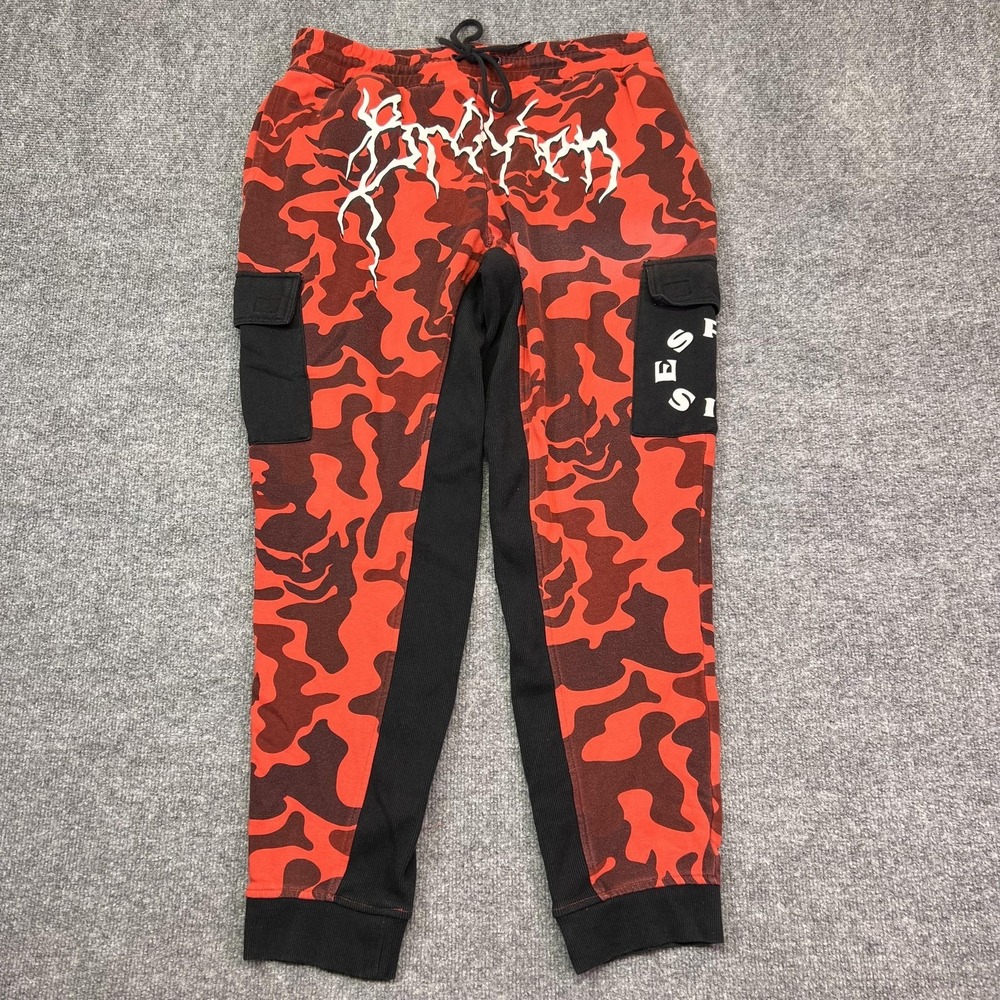Broken Promises Jogger Sweatpants Mens Large 32x28 Red Camo Cargo Fleece